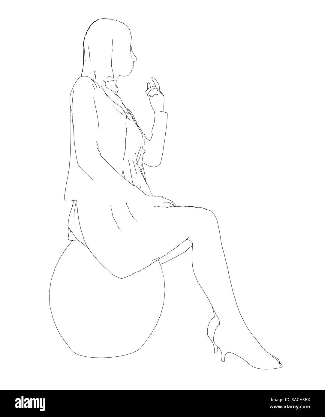 Una donna è seduta su una palla. Indossa una gonna e una giacca. Sta tenendo la mano alla bocca Illustrazione Vettoriale