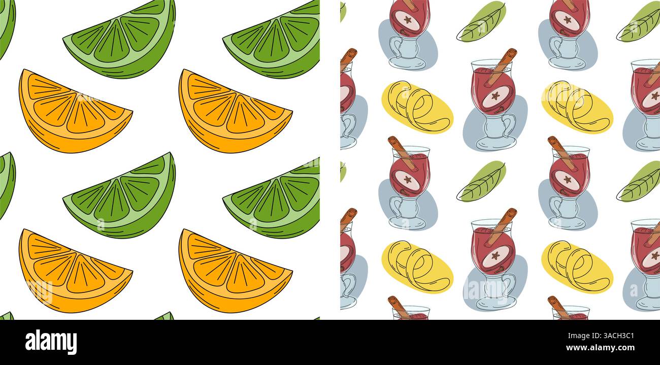 Fette di lime d'arancio vino VIN brulé Pop Art foglie di cannella scorza di frutta Set 2. Illustrazione vettoriale isolata carta da parati avvolgimento o banner promozionale Web schede tematiche, etichetta, pubblicazione Illustrazione Vettoriale