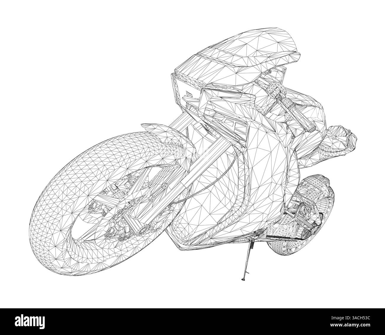 Un disegno in bianco e nero di una motocicletta con un design a foglia laterale. La moto è mostrata in modo stilizzato, con i dettagli della moto e. Illustrazione Vettoriale