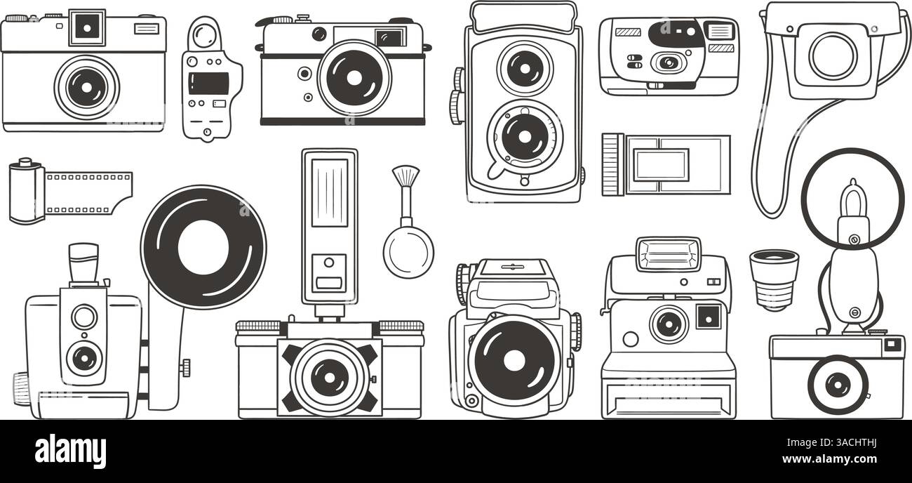 Graziose fotocamere e accessori vintage disegnati a mano, perfette per la progettazione di adesivi, la decorazione di superfici, stampe e progetti di creazione. Un totale di 15 articoli. Ve Illustrazione Vettoriale