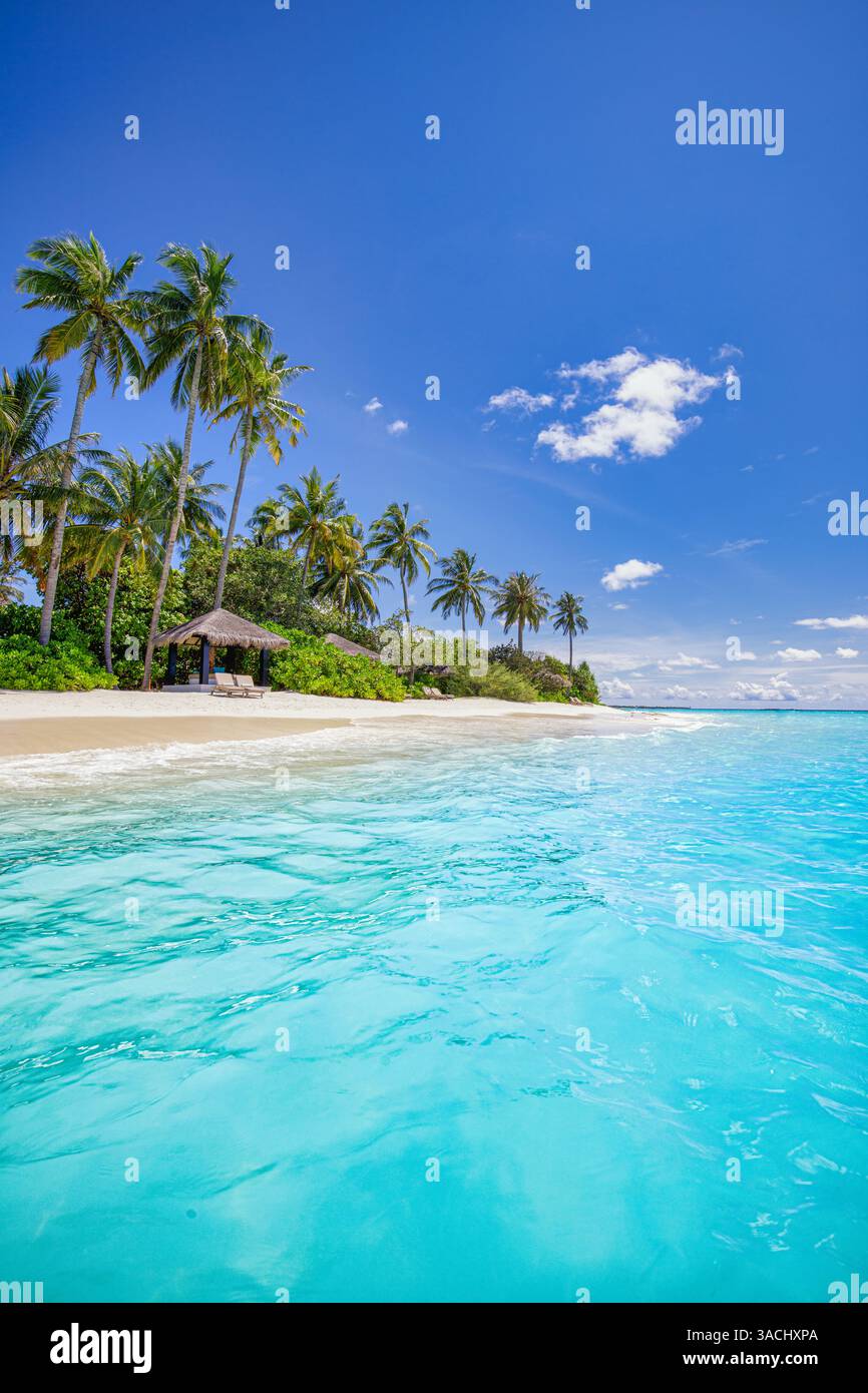 Spiaggia paradisiaca, sabbia bianca, acque turchesi, palme da cocco, cielo soleggiato, vibrante atmosfera estiva, spiaggia per le vacanze Foto Stock