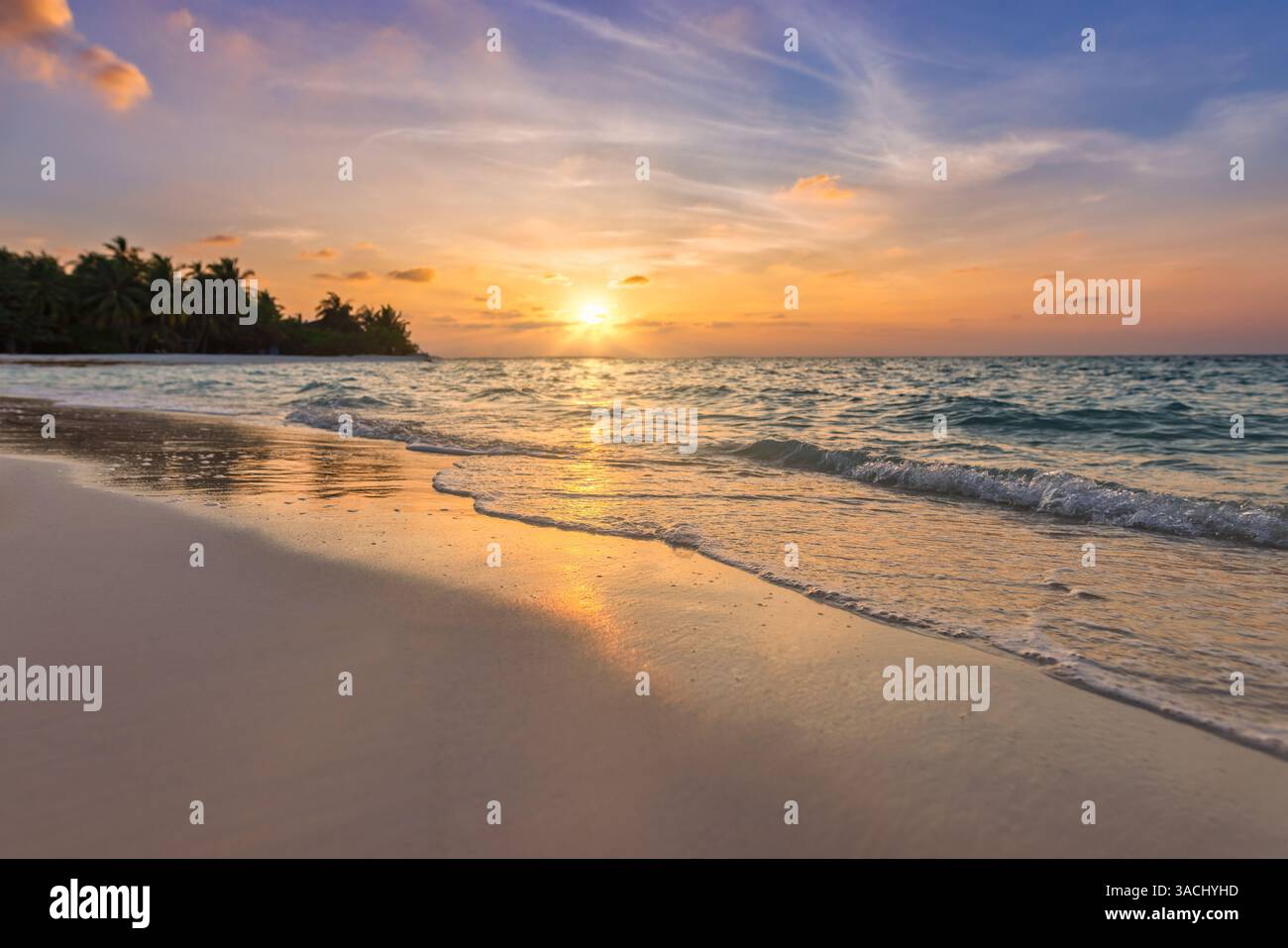 Paesaggio delle Maldive al tramonto sulla riva del cielo. Scoprite il paradiso tropicale con spiagge tranquille, mare calmo, splendido orizzonte dorato con panorama sulle palme di cocco Foto Stock