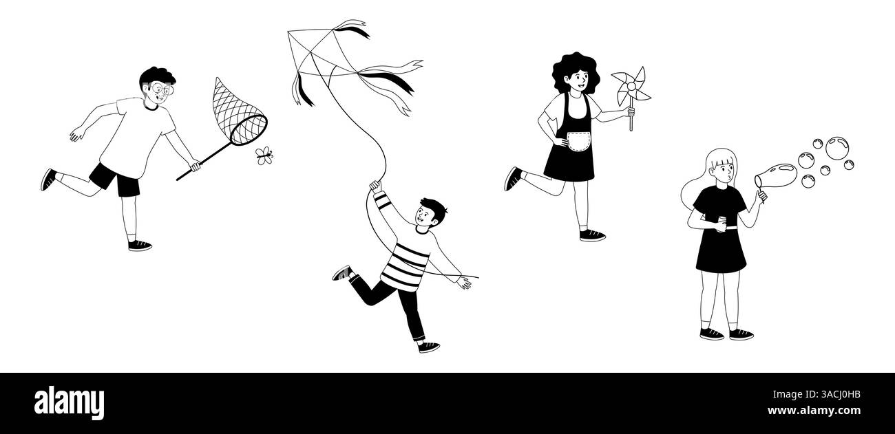 I bambini possono divertirsi all'aperto con aquiloni e giocattoli in un parco soleggiato Illustrazione Vettoriale