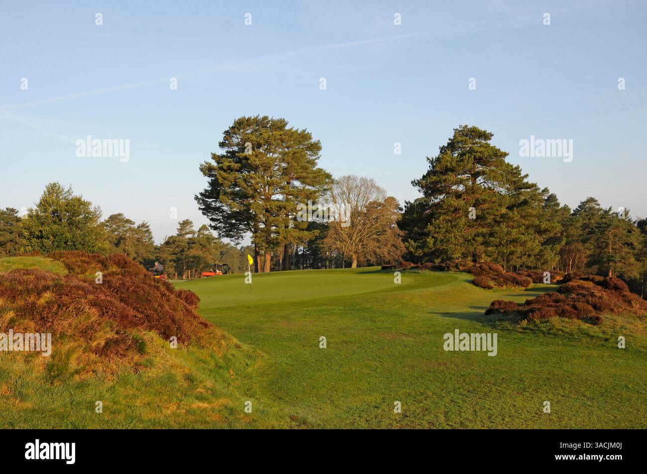 Vista mattutina del 1st Green and Green staff, Hindhead Golf Club, Hindhead, Surrey, Inghilterra. Foto Stock