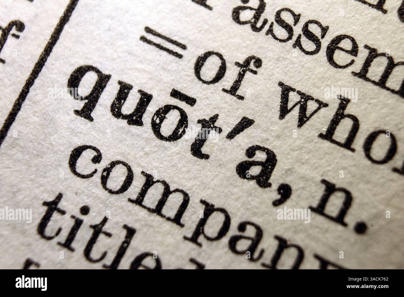 Quota Word sulla pagina del dizionario, primo piano macro Foto Stock