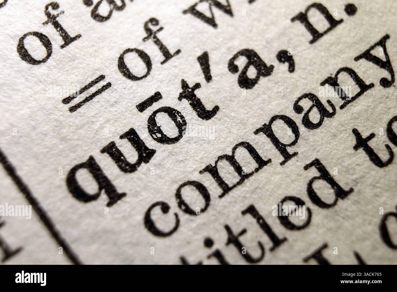 Quota Word sulla pagina del dizionario, primo piano macro Foto Stock