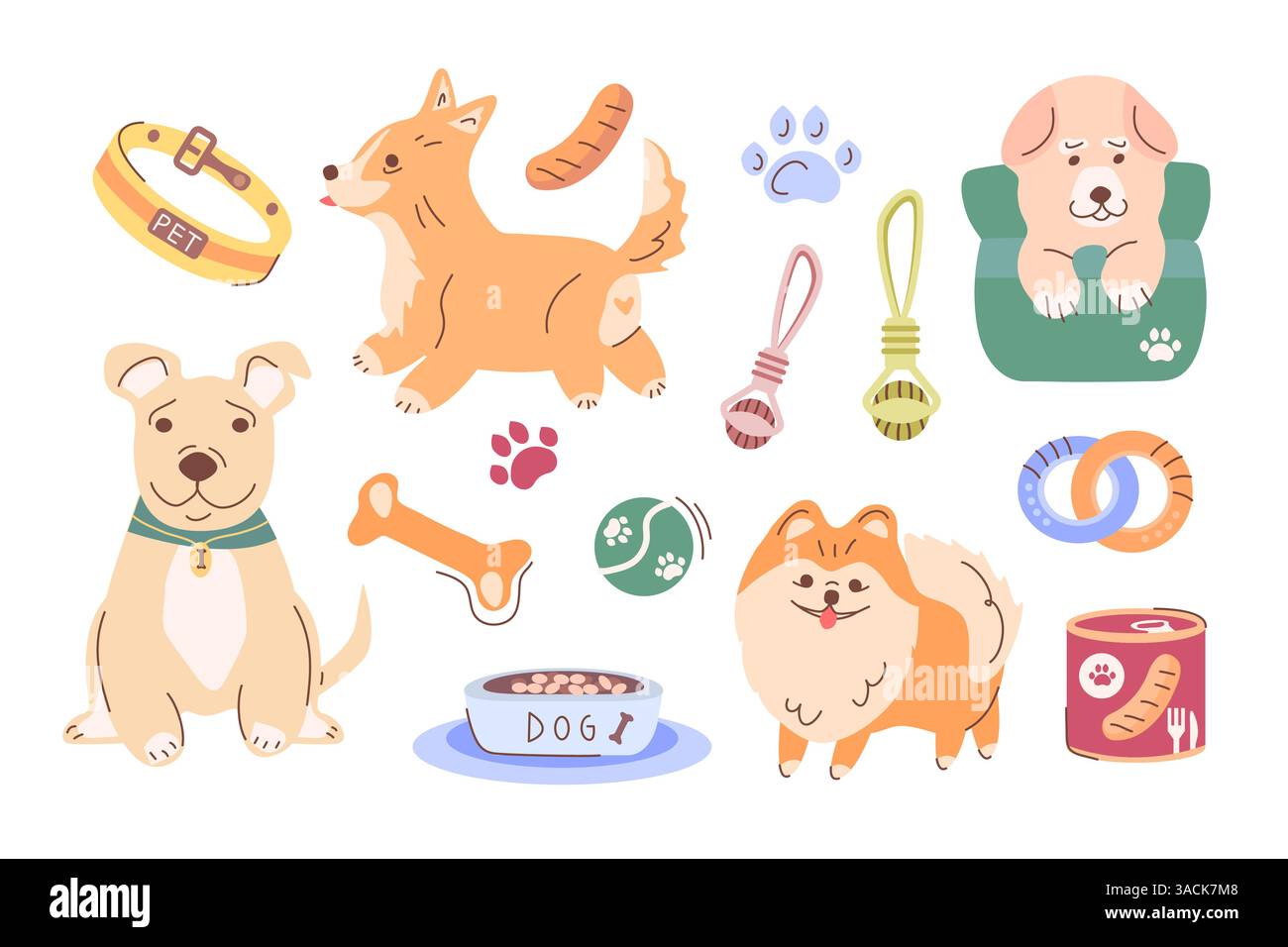 Un set di clipart vettoriali con animali domestici di razza pura, accessori per animali e alimenti. Cani carini in pose diverse serie colorate. Un set affascinante con cani per la progettazione di servizi pubblicitari per animali Illustrazione Vettoriale