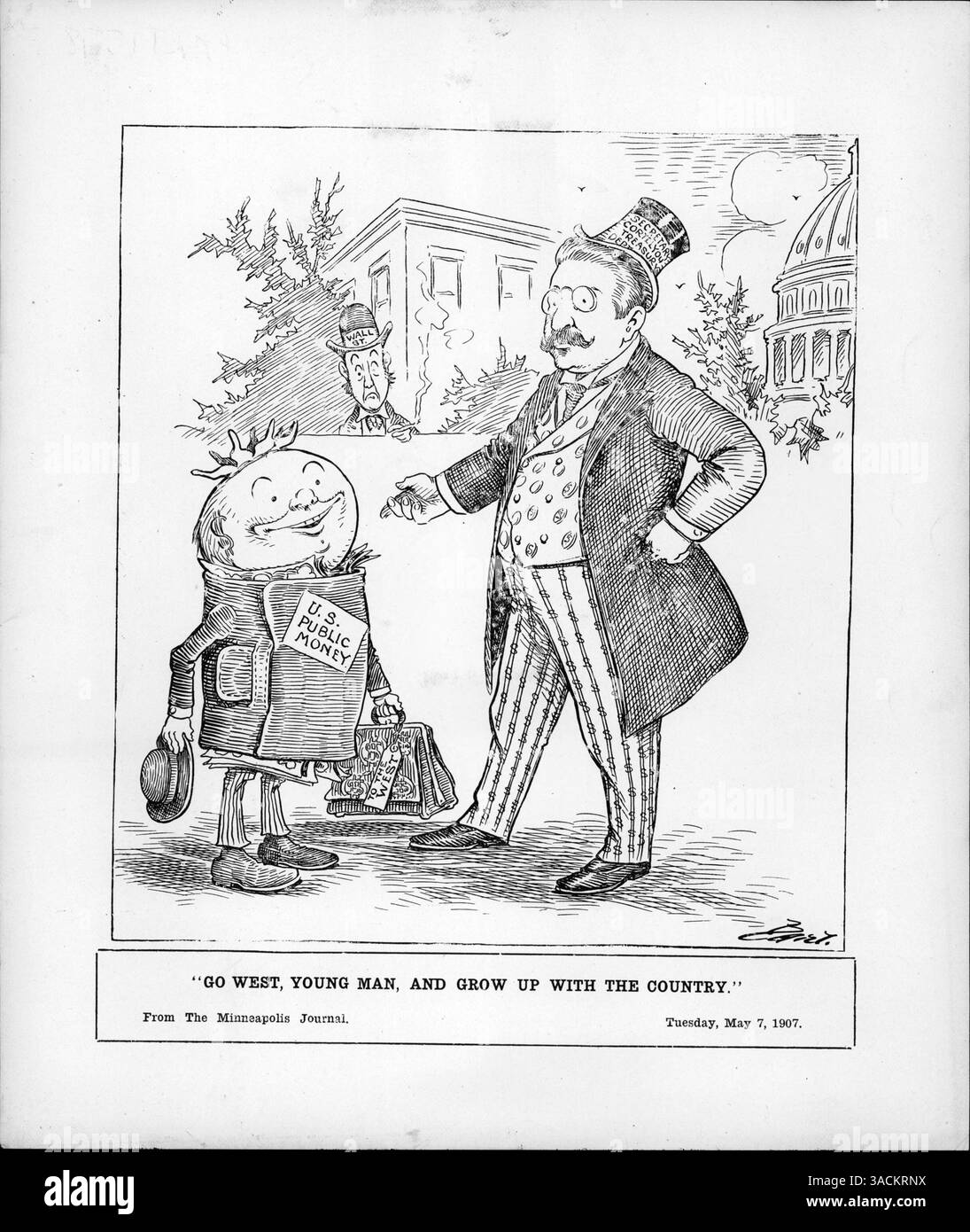 Il Segretario Cortelyou incarica un rappresentante del denaro pubblico che viaggia verso ovest, come osserva Wall Street. Questo riflette il crescente movimento di denaro verso gli Stati Uniti occidentali Foto Stock