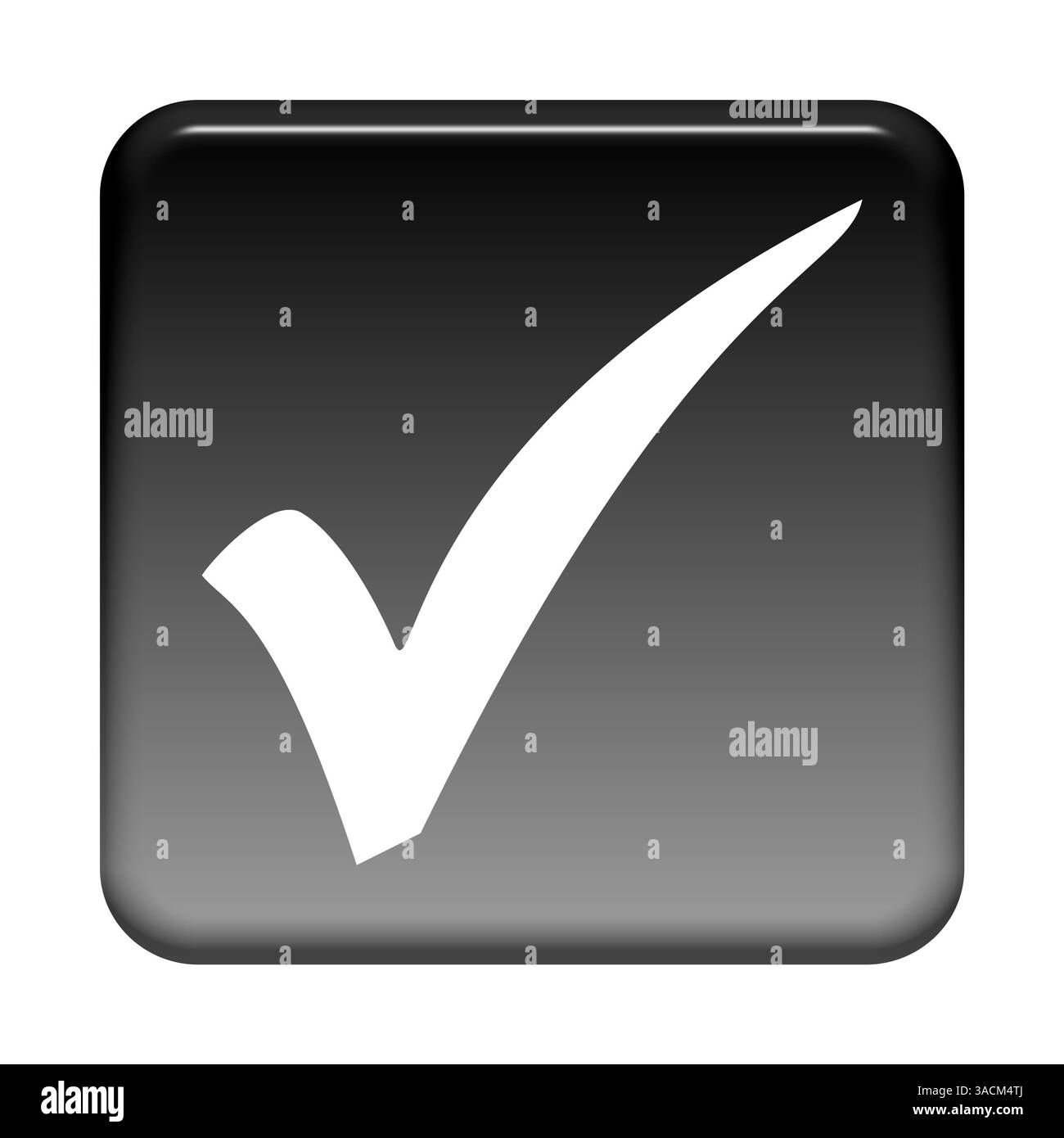 Pulsante nero lucido con icona a forma di segno di spunta per confermare o controllare Foto Stock