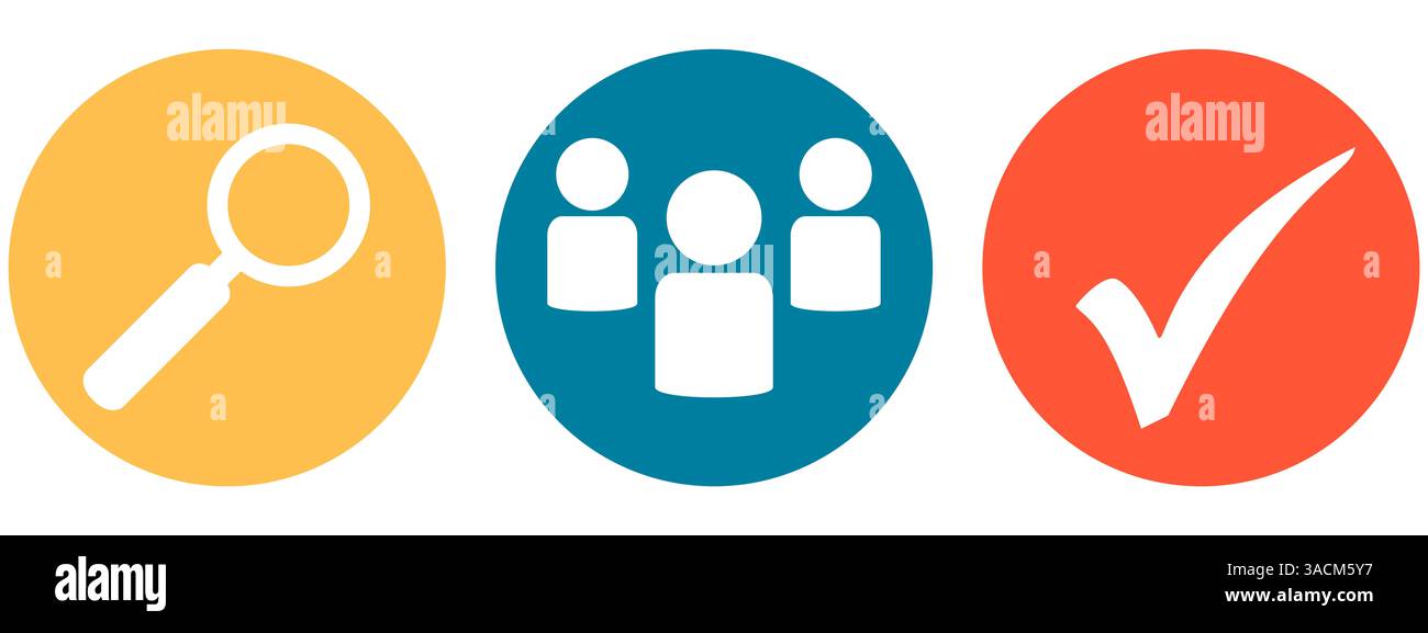 3 pulsanti colorati in arancione, blu e rosso mostrano la ricerca delle persone Foto Stock