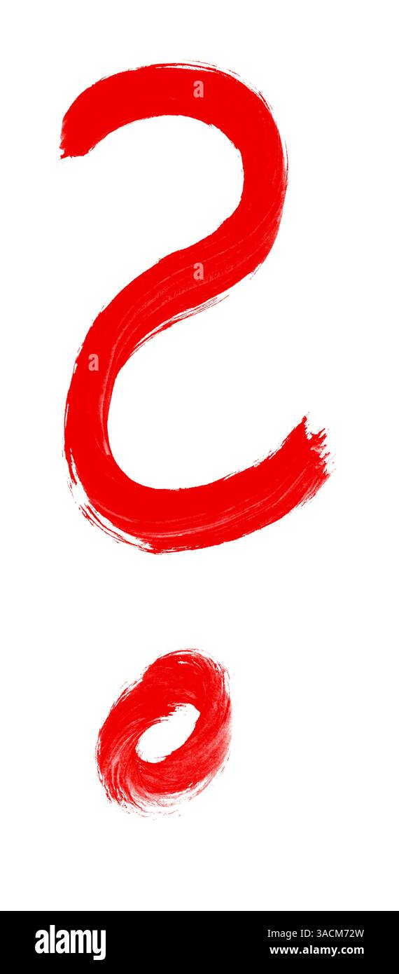 Punto interrogativo rosso dipinto con un pennello come simbolo per domande, informazioni, Guida, risposte o domande frequenti Foto Stock