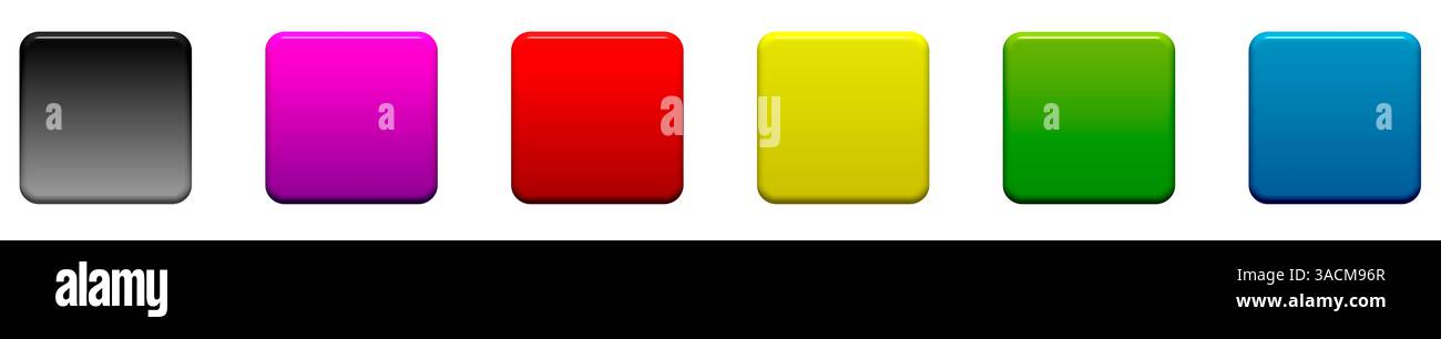 6 pulsanti di colore vuoto in nero, viola, rosso, giallo, verde e blu Foto Stock