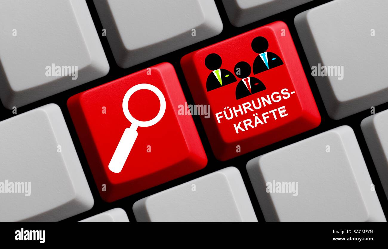 Cerca e trova i manager online - simboli sulla tastiera del computer Foto Stock