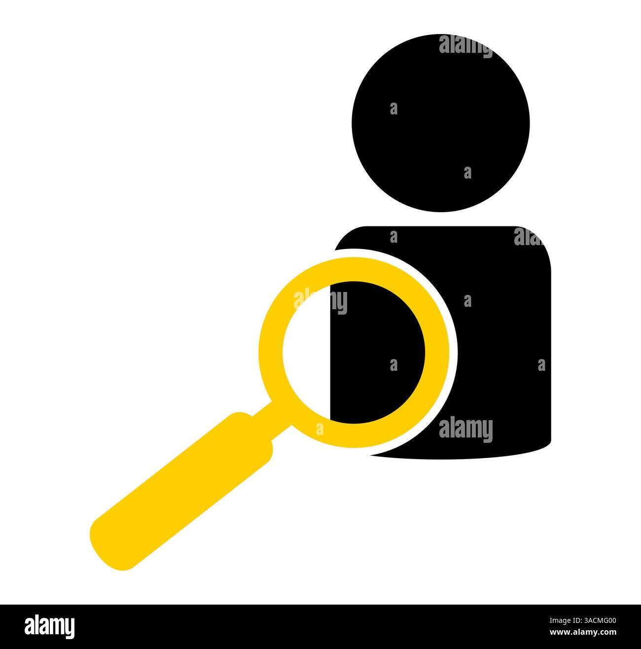 Persona con lente d'ingrandimento gialla: Cerca persone, amici o contatti Foto Stock