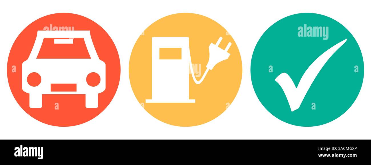 3 pulsanti colorati in rosso arancione e verde mostrano: Ricarica l'auto elettrica alla stazione di ricarica Foto Stock