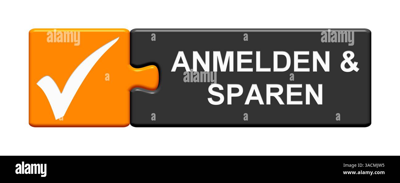 Il pulsante puzzle arancione con il segno di spunta mostra l'accesso e il salvataggio Foto Stock