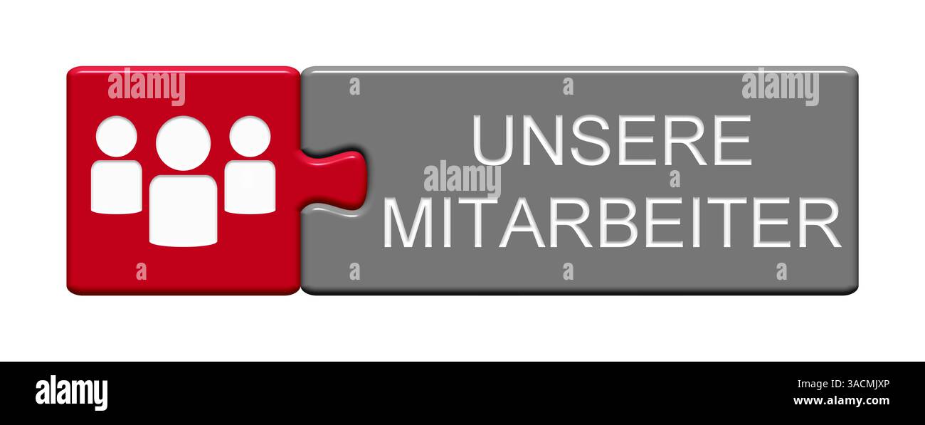 Pulsante puzzle in due pezzi che mostra i nostri dipendenti con un gruppo di persone Foto Stock