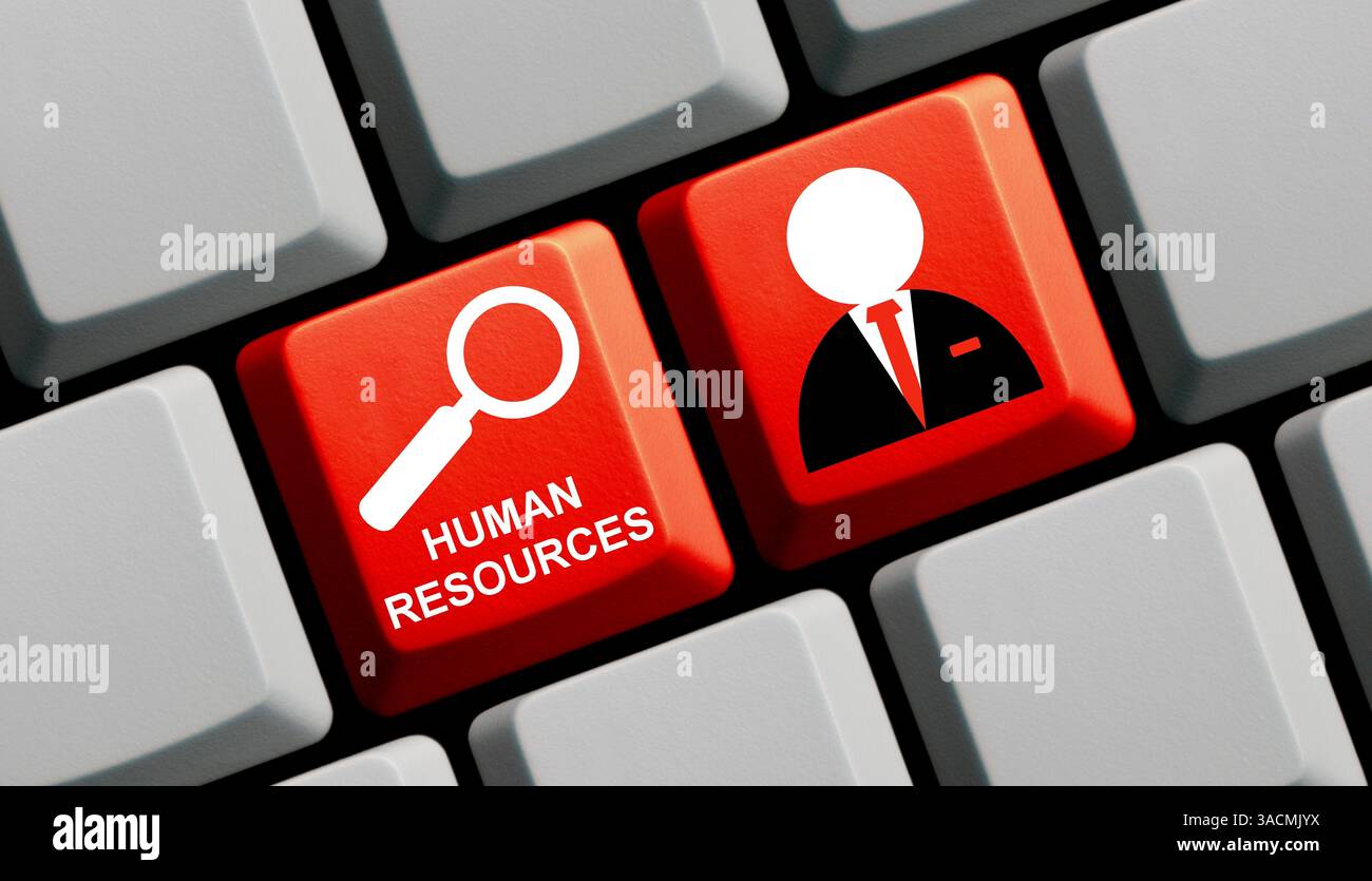 Risorse umane - tastiera per computer con icona a lente d'ingrandimento Foto Stock