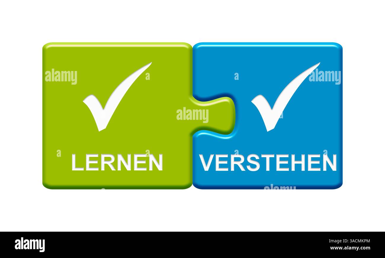 Il pulsante a due pezzi isolato con il simbolo del segno di spunta mostra l'apprendimento e la comprensione Foto Stock