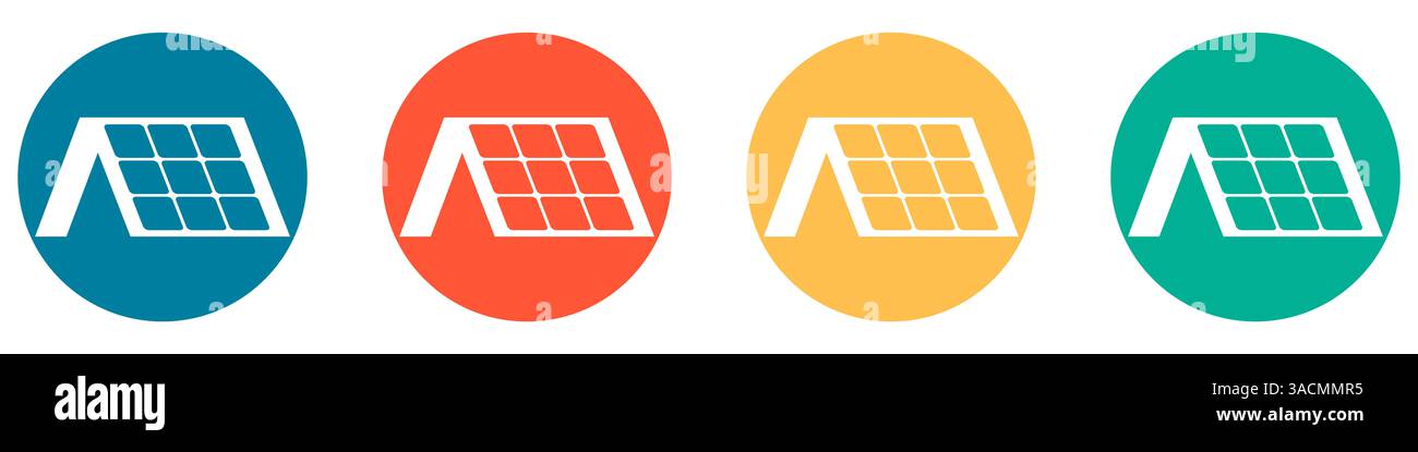 4 pulsanti colorati in blu rosso arancione e verde mostrano il tetto solare - fotovoltaico sul tetto Foto Stock