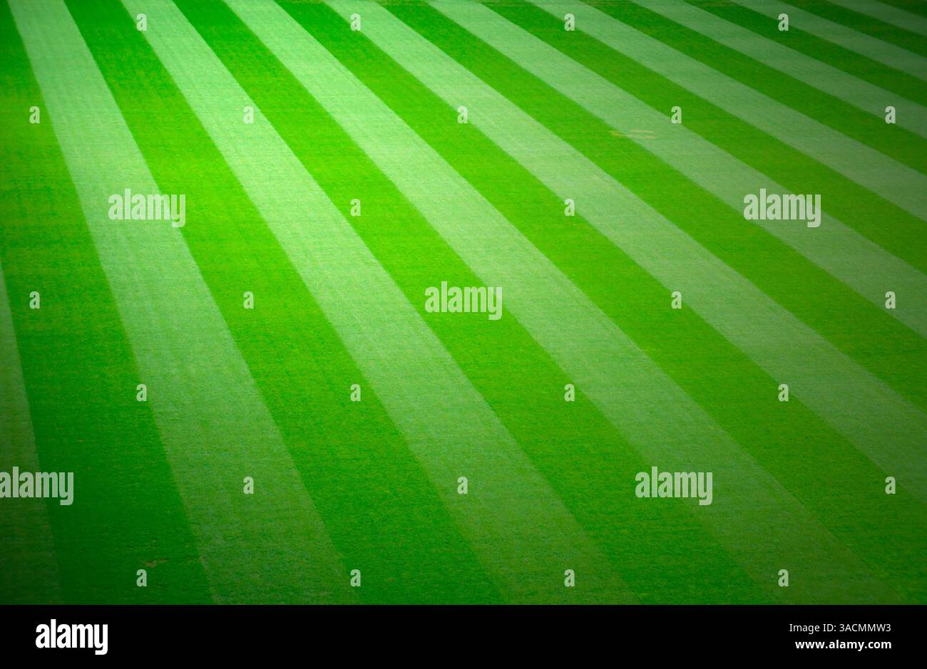 Campo da calcio verde vuoto con strisce di erba verde chiaro e verde scuro appena tagliate Foto Stock