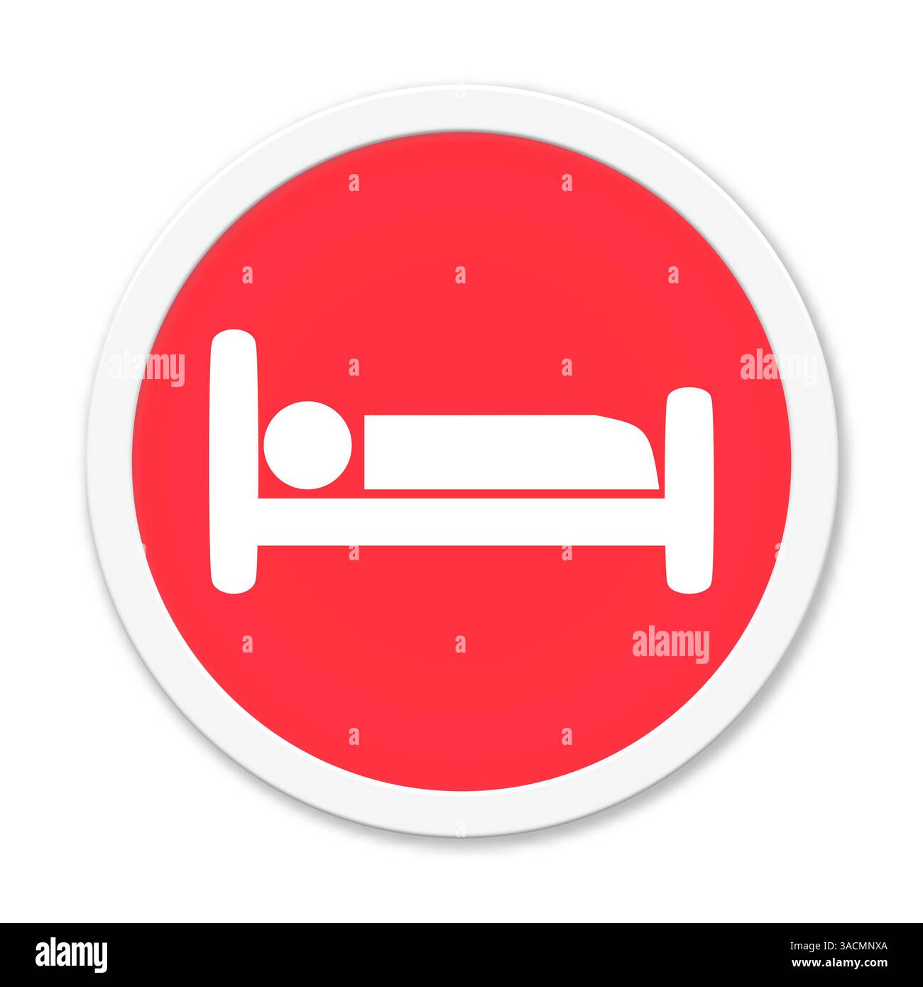 Prenota hotel - pulsante isolato rosso rotondo con bordo bianco mostra il simbolo del letto Foto Stock