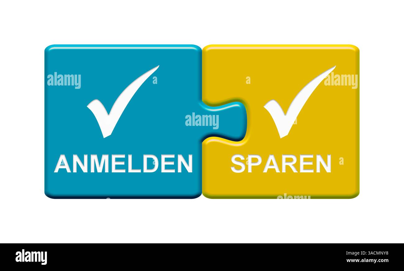 Il pulsante puzzle isolato composto da due parti con il simbolo di spunta mostra l'accesso e il salvataggio Foto Stock