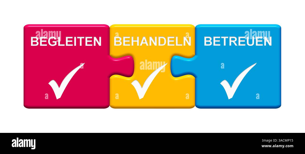 Pulsante puzzle isolato composto da tre parti con il simbolo del segno di spunta che accompagna Treat Care Foto Stock