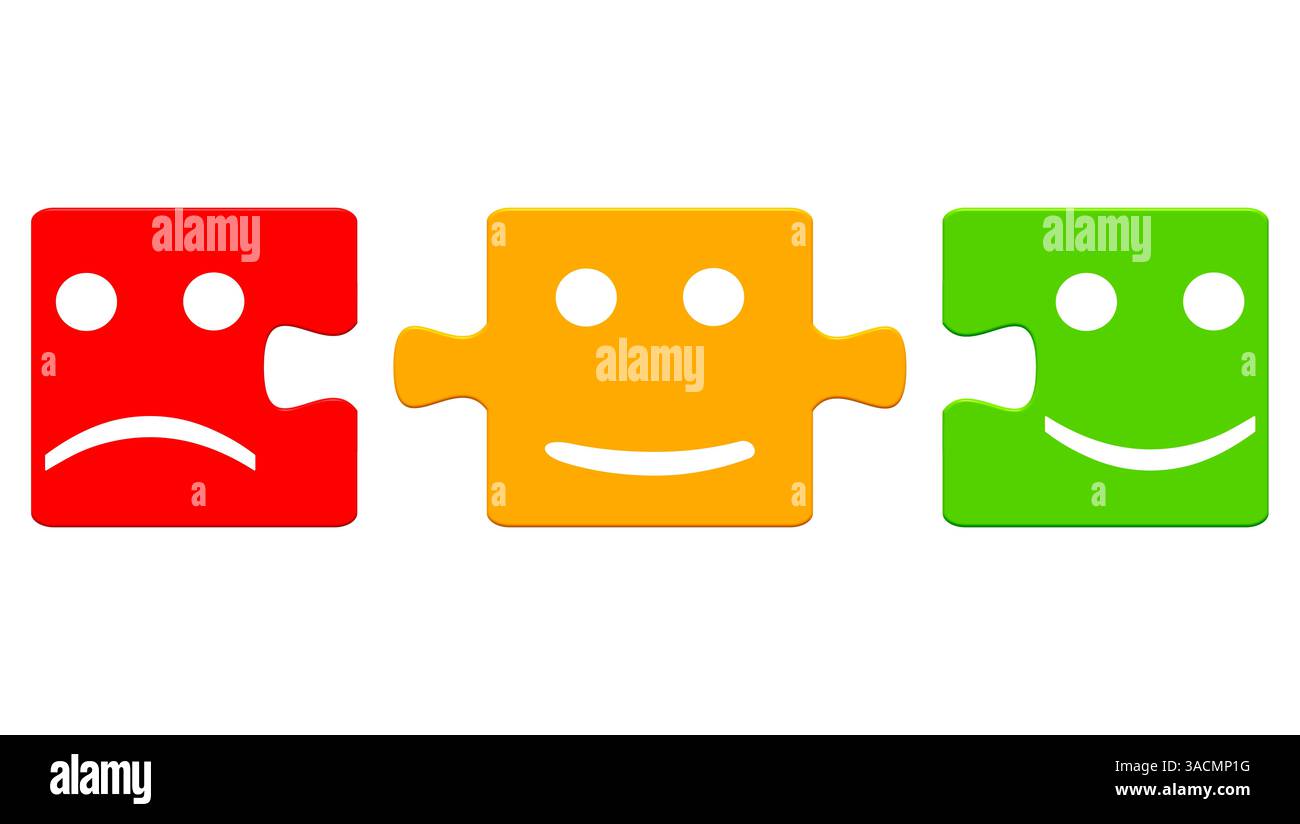 Tre pezzi di puzzle in rosso arancione e verde mostrano un feedback positivo e negativo Foto Stock