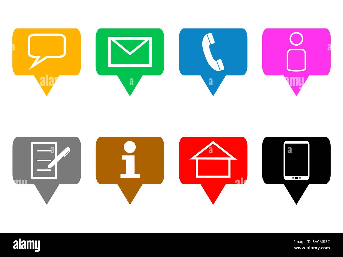 Otto icone di contatto colorate sulle bolle vocali per il sito Web Foto Stock