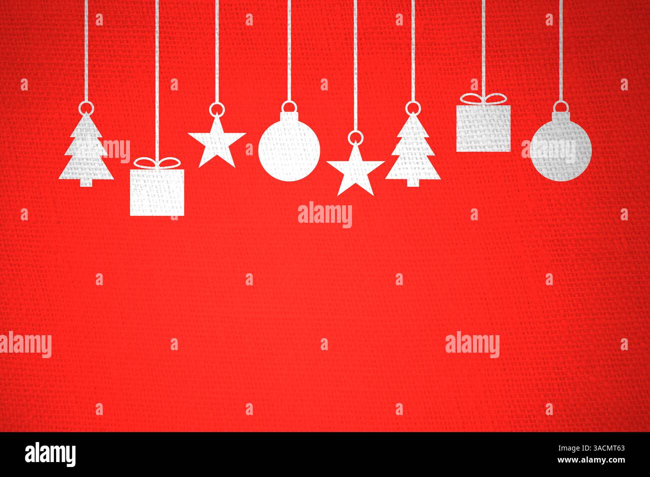 Cartolina di Natale rossa realizzata in tessuto di lino con decorazioni natalizie bianche minimaliste Foto Stock