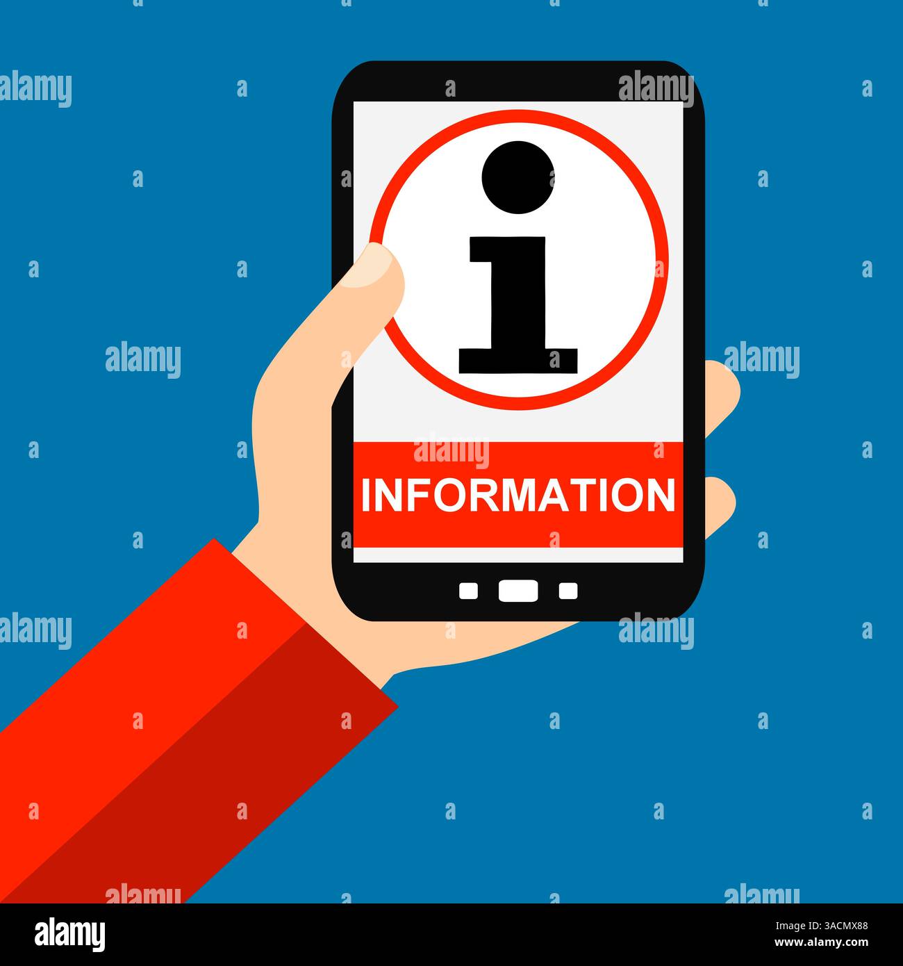 Mano con smartphone: Informazioni - Design piatto Foto Stock