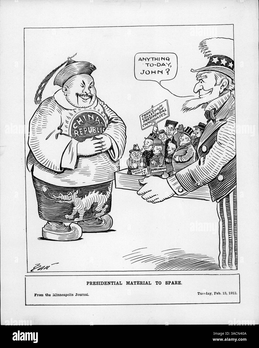 Un cartone animato politico mostra lo zio Sam che tiene in mano un vassoio da tè con figure in miniatura dei presidenti Taft, Wilson e Roosevelt di fronte a un uomo cinese etichettato come «Repubblica cinese». L'immagine fa riferimento all'abdicazione della dinastia manciù in Cina e all'istituzione di una nuova repubblica nel 1912. Foto Stock