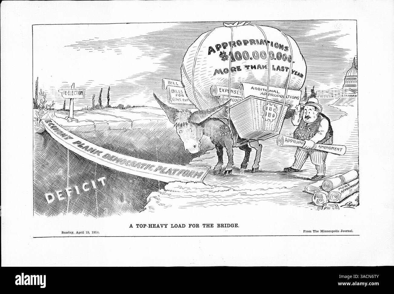 Questa illustrazione raffigura il Partito Democratico simboleggiato da un asino, pesantemente gravato da maggiori stanziamenti e bollette, che tenta di attraversare uno stretto ponte su un deficit. L'immagine simboleggia le sfide finanziarie del partito e il percorso verso la rielezione, con un'enfasi su un aumento di 100.000.000 dollari degli stanziamenti per l'anno prossimo. Foto Stock