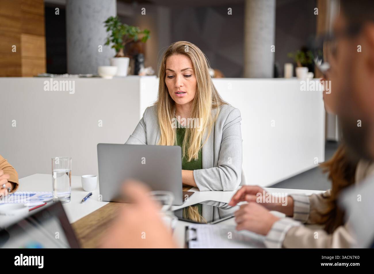 Donna d'affari sicura in un blazer grigio che lavora su un notebook mentre discute con i colleghi durante una riunione Foto Stock