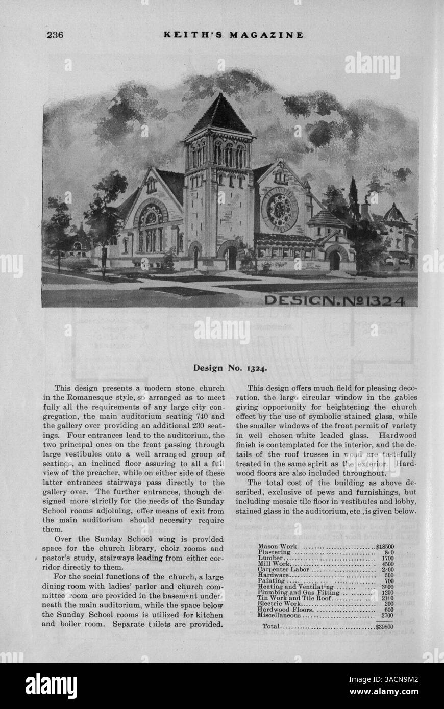 Keith's Magazine offre progetti di case con planimetrie dettagliate e costi di costruzione. Include articoli su arredamento d'interni, design paesaggistico e pubblicità per materiali da costruzione. Alcune questioni contengono piani per chiese, scuole e altri edifici. Nel vol. 11 No. 4 mancano le pagine 209, 210, 215 e 216. Foto Stock