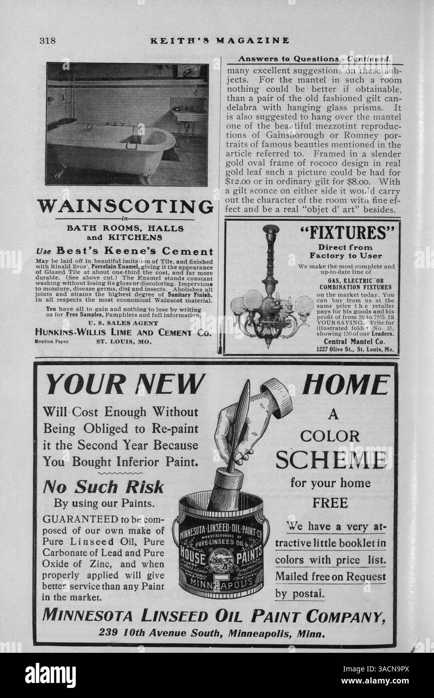 Keith's Magazine, fondata nel 1904, fornisce progetti di abitazioni, planimetrie e stime dei costi di costruzione. Gli articoli includono edificio, arredamento interno e architettura paesaggistica. Sono inoltre presenti pubblicità per materiali da costruzione e mobili per la casa. Alcune questioni contengono piani per edifici pubblici come chiese e scuole. Pagine mancanti nel vol. 11 No. 4. Foto Stock