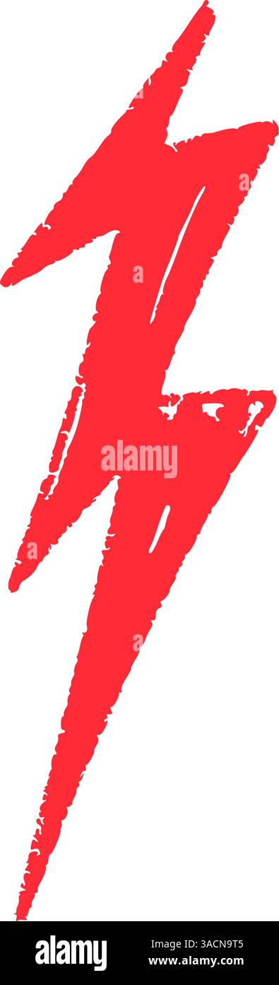 Elementi rossi disegnati a mano per scarabocchi fulmini, stile da scarabocchi in pastello thunderbolt con un'atmosfera da roccia. Illustrazione vettoriale piatta isolata su sfondo bianco Illustrazione Vettoriale