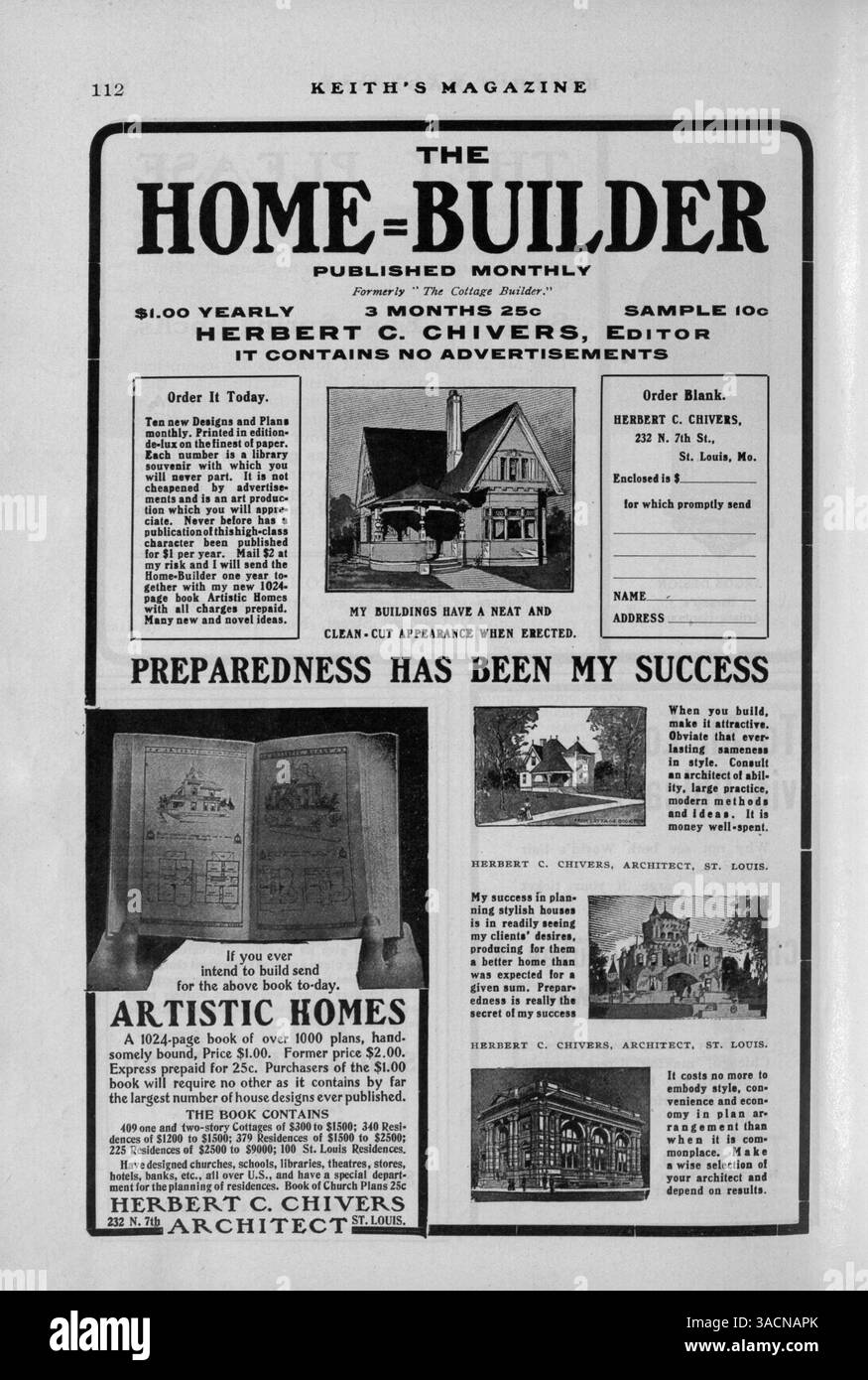 Questa raccolta di dodici numeri di Keith's Magazine include progetti di case, planimetrie e illustrazioni. Gli argomenti chiave includono la costruzione di abitazioni, l'arredamento di interni e il design del paesaggio, con pubblicità per materiali da costruzione e arredi per la casa. Sono presenti anche piani per scuole e chiese. Nel vol. 11 No. 4 mancano le pagine 209, 210, 215 e 216. Foto Stock