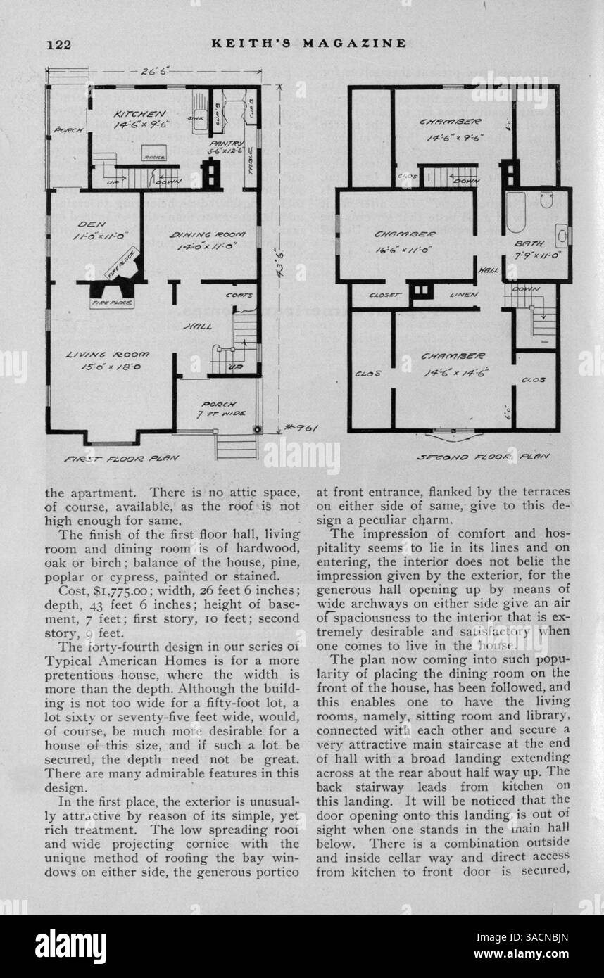 Keith's Magazine, fondata nel 1904, offre una varietà di progetti di case, planimetrie e costi di costruzione. A cura di Walter J. Keith e Max L. Keith, la rivista include articoli sulla costruzione di case, arredamento d'interni e design del paesaggio. Presenta anche pubblicità per l'arredamento, gli accessori e i materiali da costruzione. Alcune questioni includono piani per chiese e scuole. Pagine mancanti nel vol. 11 No. 4. Foto Stock
