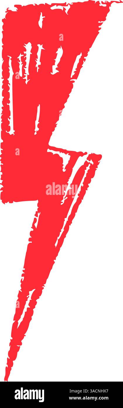 Elementi rossi disegnati a mano per scarabocchi fulmini, stile da scarabocchi in pastello thunderbolt con un'atmosfera da roccia. Illustrazione vettoriale piatta isolata su sfondo bianco Illustrazione Vettoriale