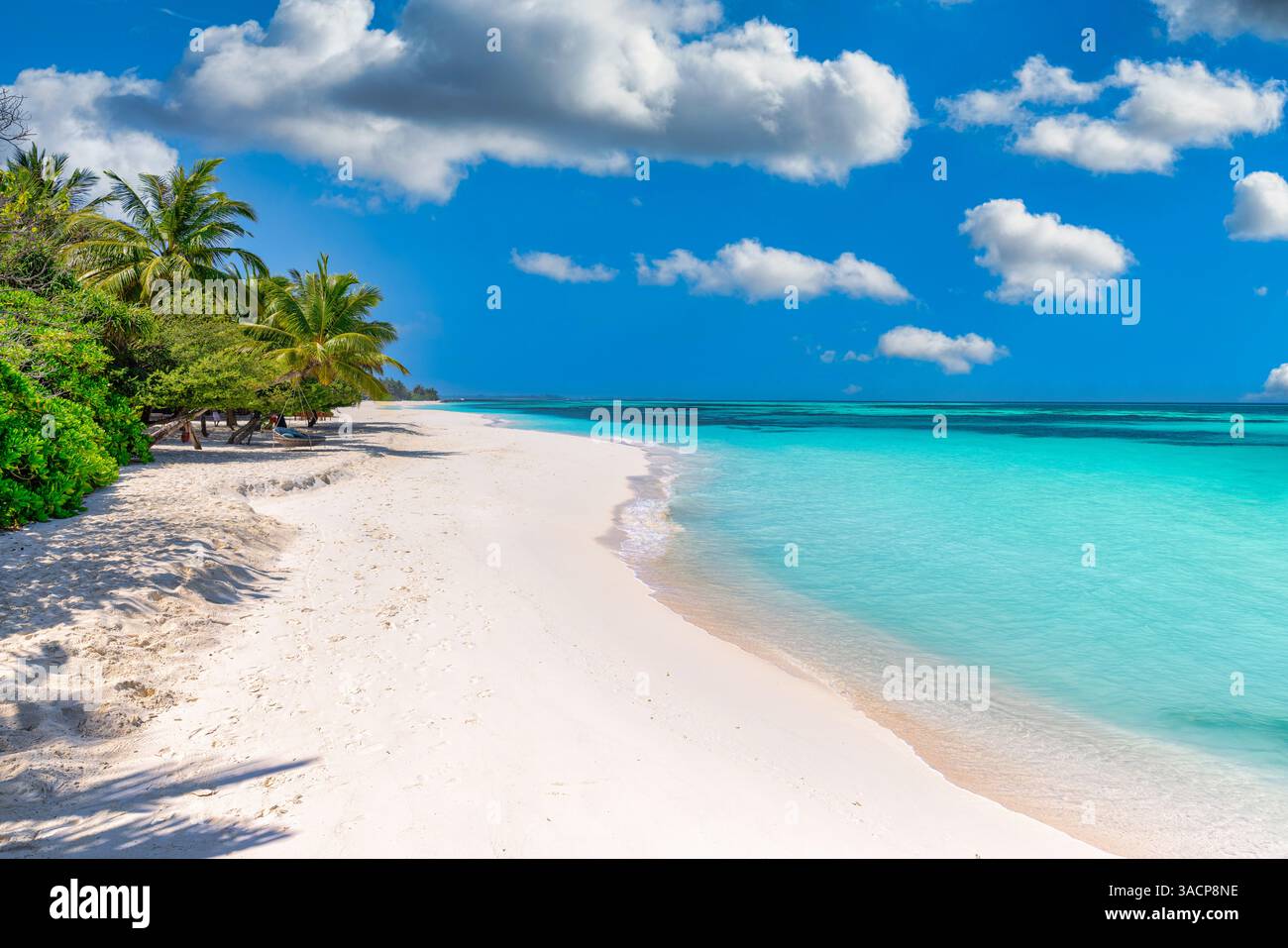 Incredibile paradiso tropicale con spiagge incontaminate di sabbia bianca, acque turchesi, lussureggianti palme, cielo vibrante, tranquillità del sole e bellezza naturale Foto Stock
