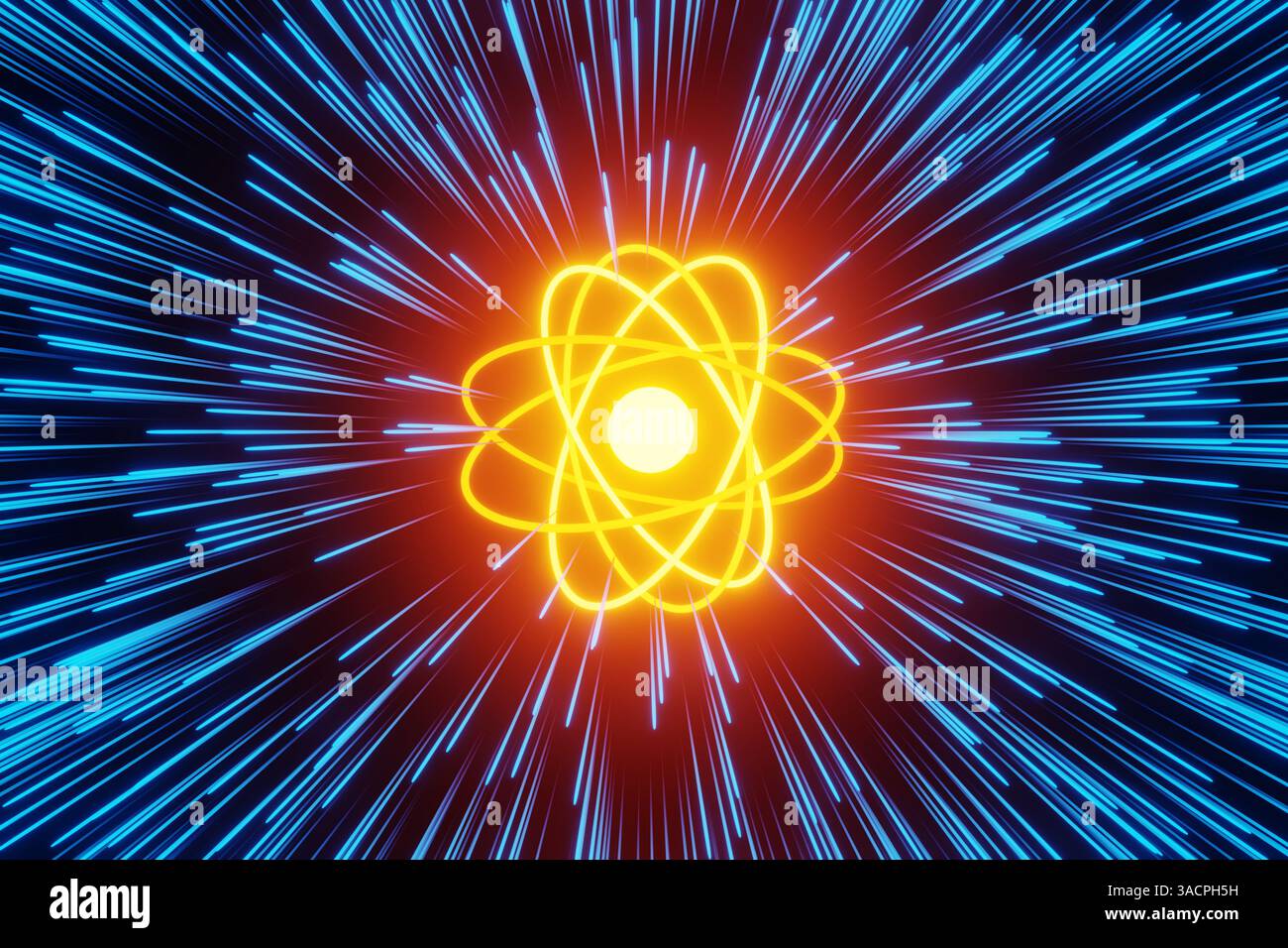 Atomo arancione luminoso con un nucleo e orbite di elettroni che emettono raggi luminosi blu radiali su sfondo nero. Fisica quantistica, particelle qubit Foto Stock