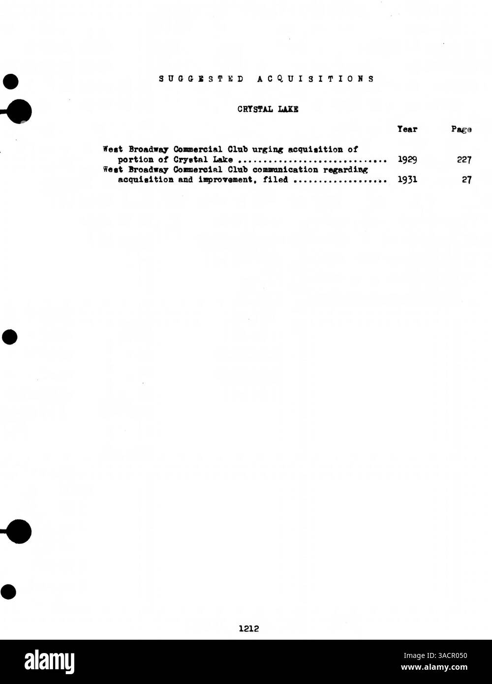 L'indice, compilato per il Board of Park Commissioners di Minneapolis, va dal 1883 al 1964. Organizzato in ordine alfabetico per nome del parco, fa riferimento agli atti del Park Board per anno e numero di pagina. Ogni parco è suddiviso in sezioni per acquisizioni, reclami, miglioramenti, nomi, operazioni, e petizioni. Foto Stock