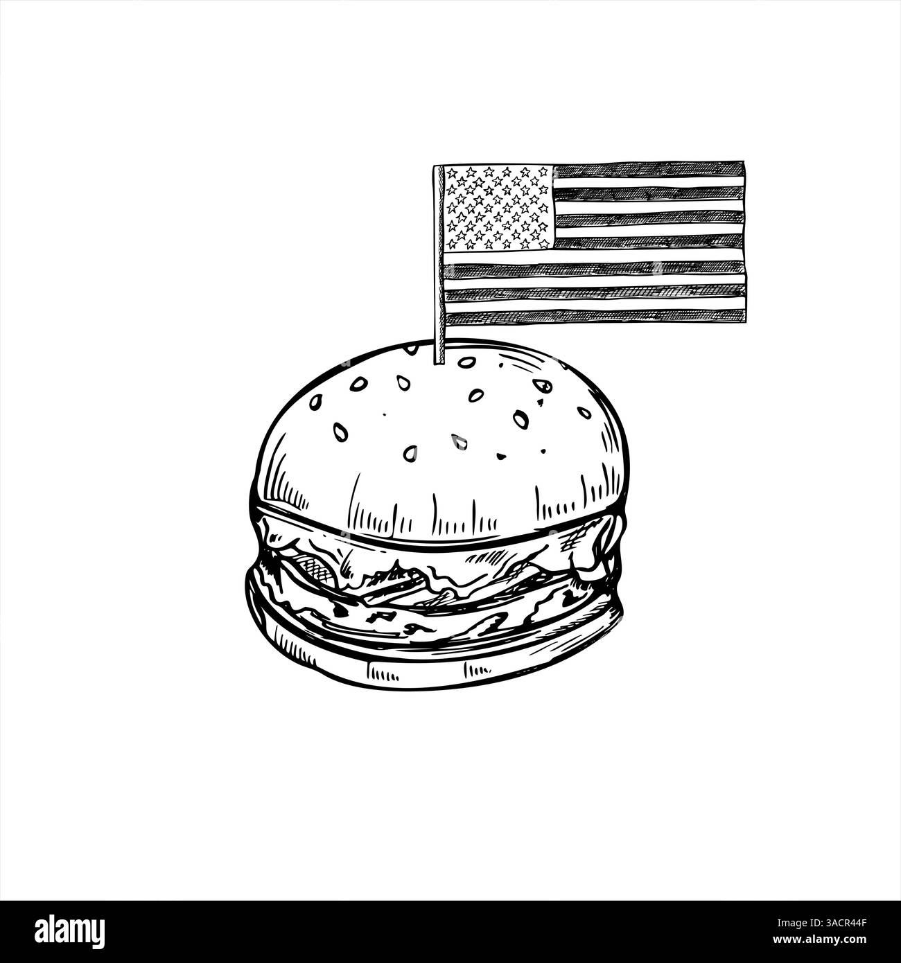 Hamburger tradizionale con bandiera americana in carta su asta audace illustrazione vettoriale monocromatica dipinta con inchiostri neri. Sandwich di manzo per il 4 luglio Illustrazione Vettoriale