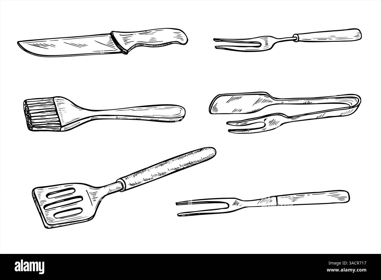 Gli strumenti di grigliatura vettoriali impostano il disegno a inchiostro bianco e nero. Illustrazione grafica del coltello, della spatola, delle pinze per carne, della spazzola per bastoncini e della clip della forcella. Illustrazione Vettoriale
