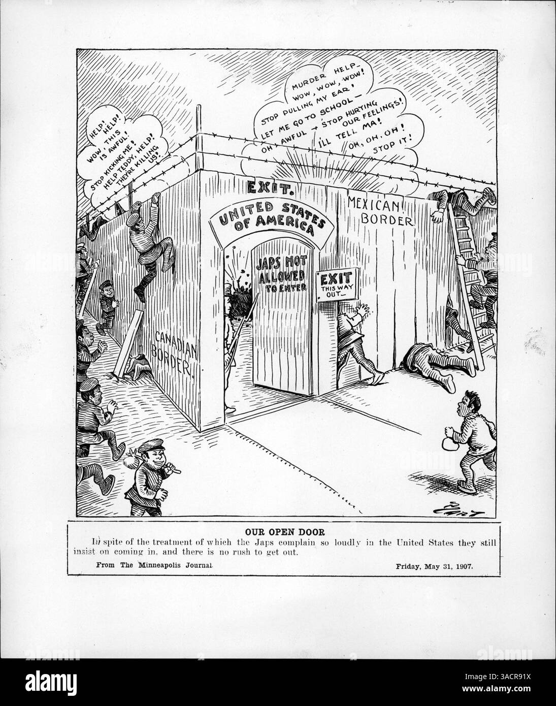 Una rappresentazione degli immigrati giapponesi che tentano di entrare negli Stati Uniti attraverso i confini canadesi e messicani, riflettendo le politiche di esclusione e la discriminazione affrontate da questi immigrati all'inizio del XX secolo. Foto Stock