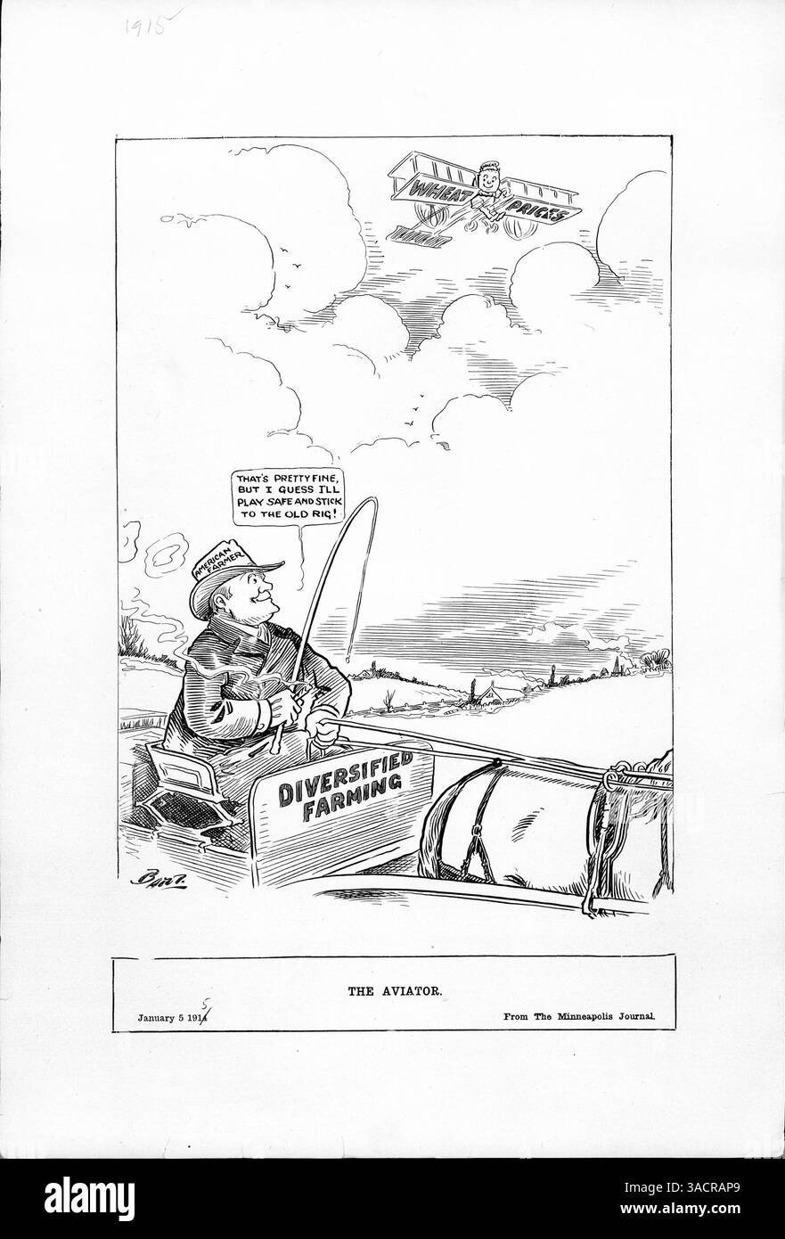 L'agricoltore americano, raffigurato nell'immagine, commenta l'impennata dei prezzi del grano mentre osserva un aereo nel cielo. L'aumento dei prezzi è dovuto alla prima guerra mondiale che ha colpito le colture europee di grano. Foto Stock