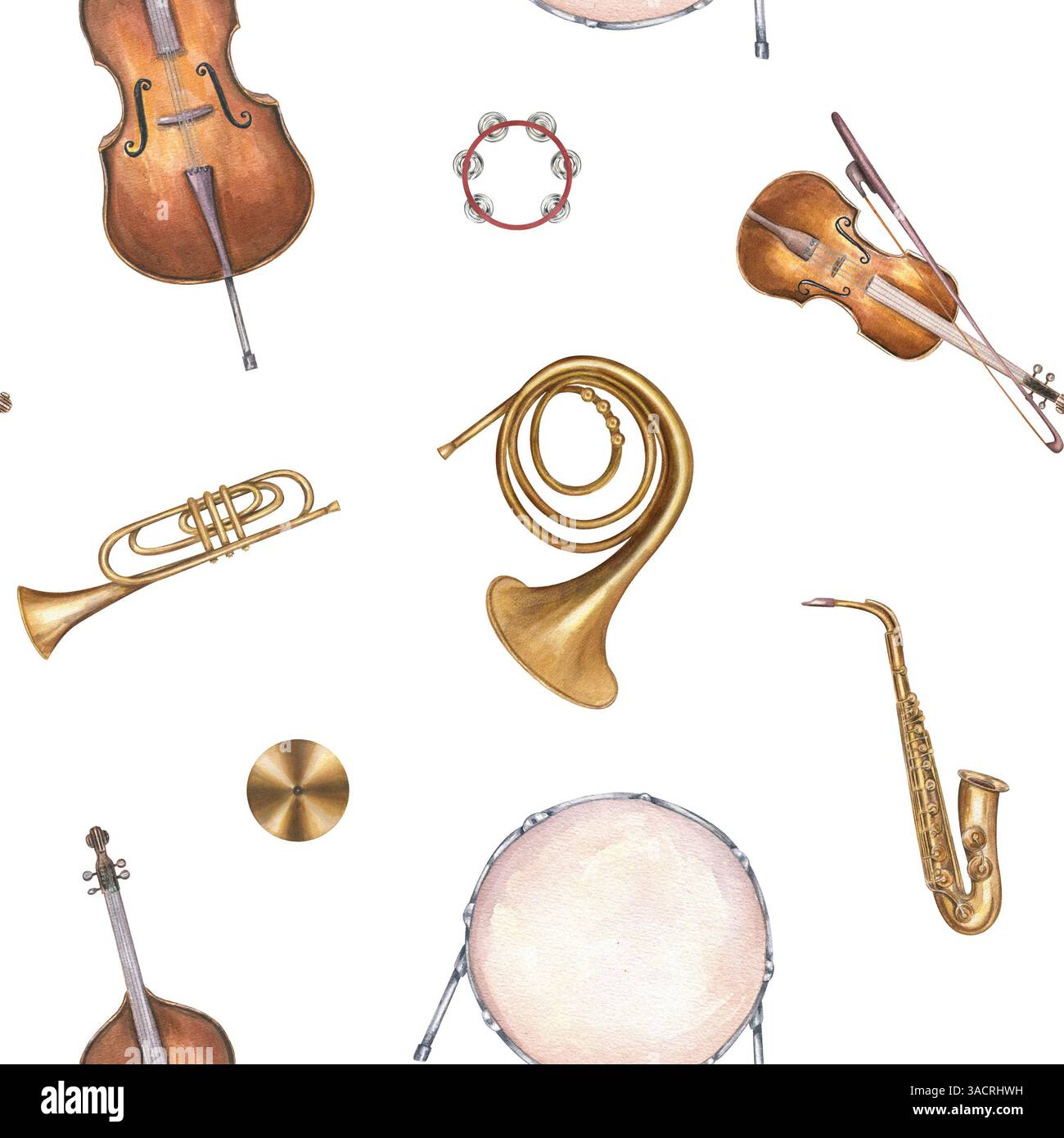 Percussioni musicali acquerello, strumenti a corda e fiato sfondo isolato con motivo senza cuciture. Batteria, contrabbasso, violino, sassofono, tromba Foto Stock