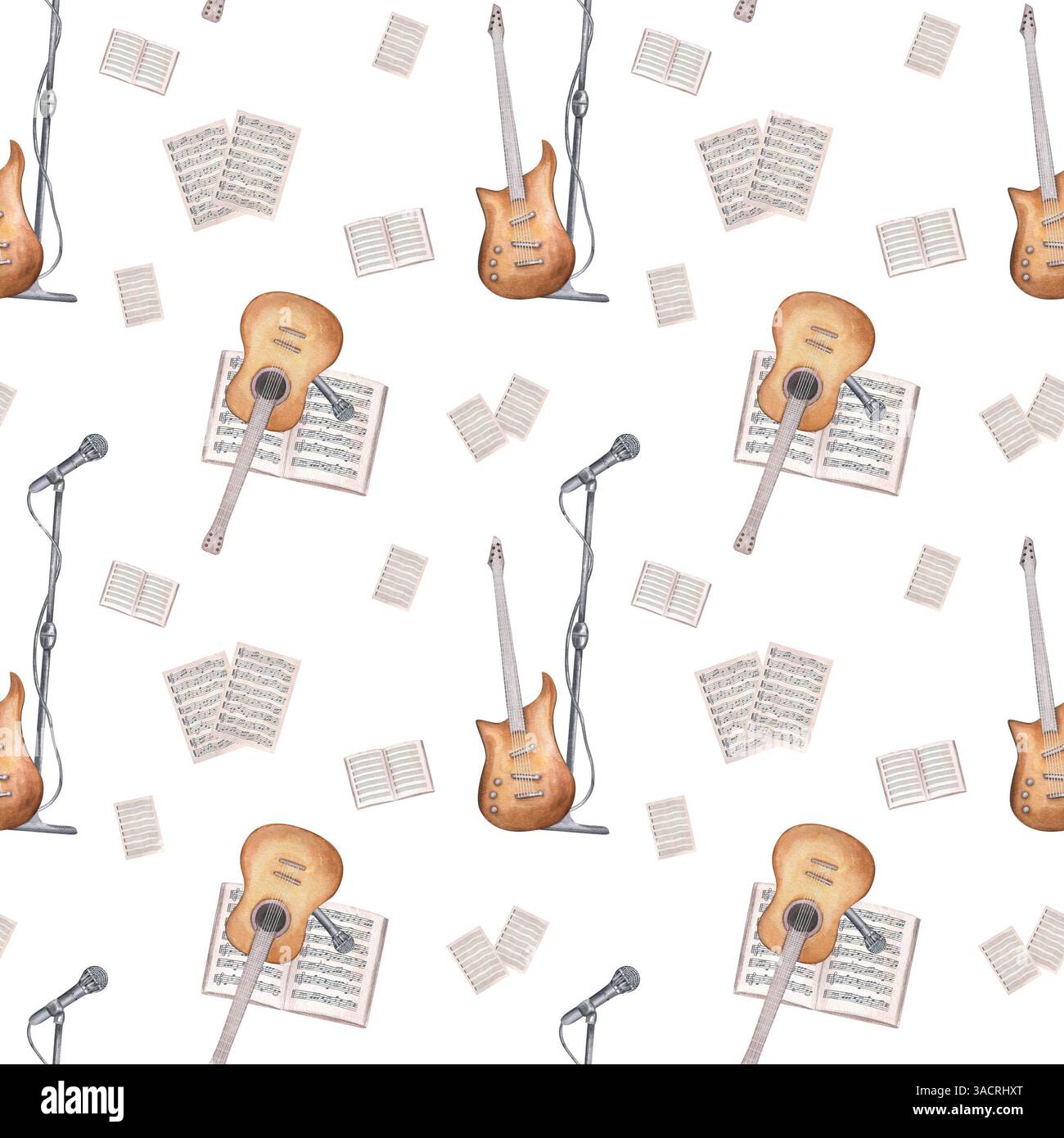 Strumenti musicali ad acquerello a corde, spartiti musicali e microfono su piedistallo sfondo isolato con motivo senza cuciture. Accessori per chitarra da concerto ornati Foto Stock